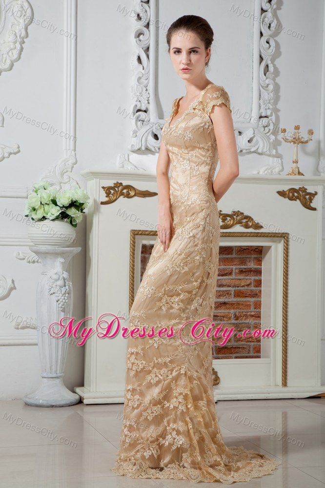 Long Champagne V-neck Lace and Embroidery Pageant Dress