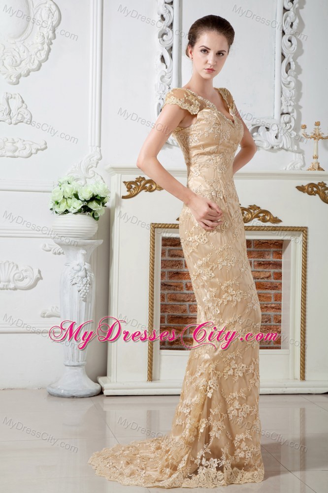 Long Champagne V-neck Lace and Embroidery Pageant Dress