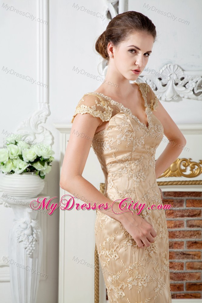 Long Champagne V-neck Lace and Embroidery Pageant Dress