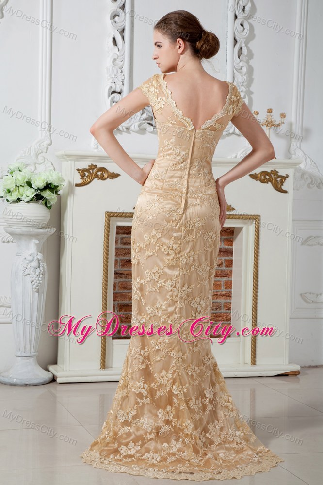 Long Champagne V-neck Lace and Embroidery Pageant Dress