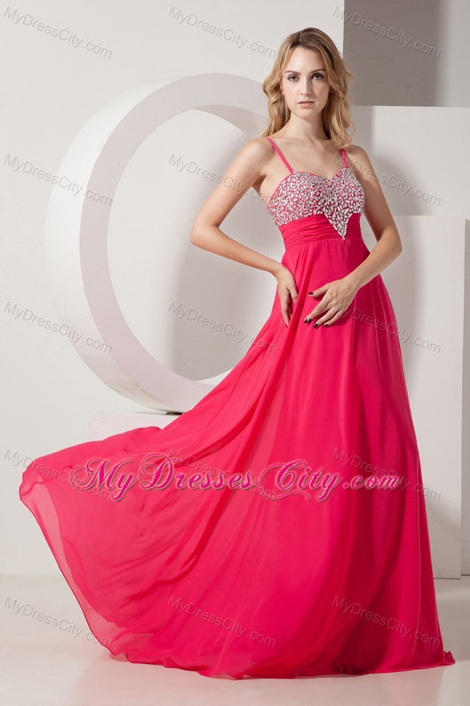 Beaded Spaghetti Straps Coral Red Prom Party Dress for Lady