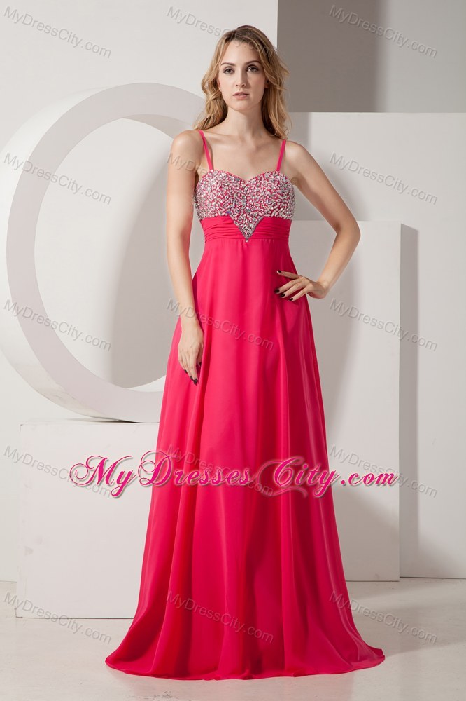 Beaded Spaghetti Straps Coral Red Prom Party Dress for Lady