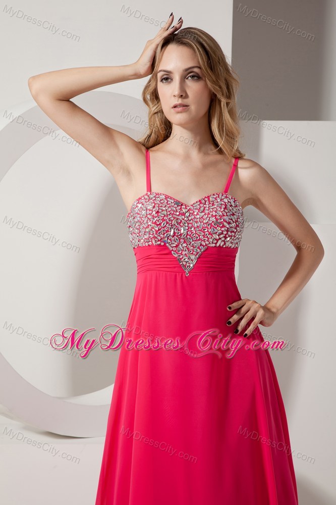 Beaded Spaghetti Straps Coral Red Prom Party Dress for Lady