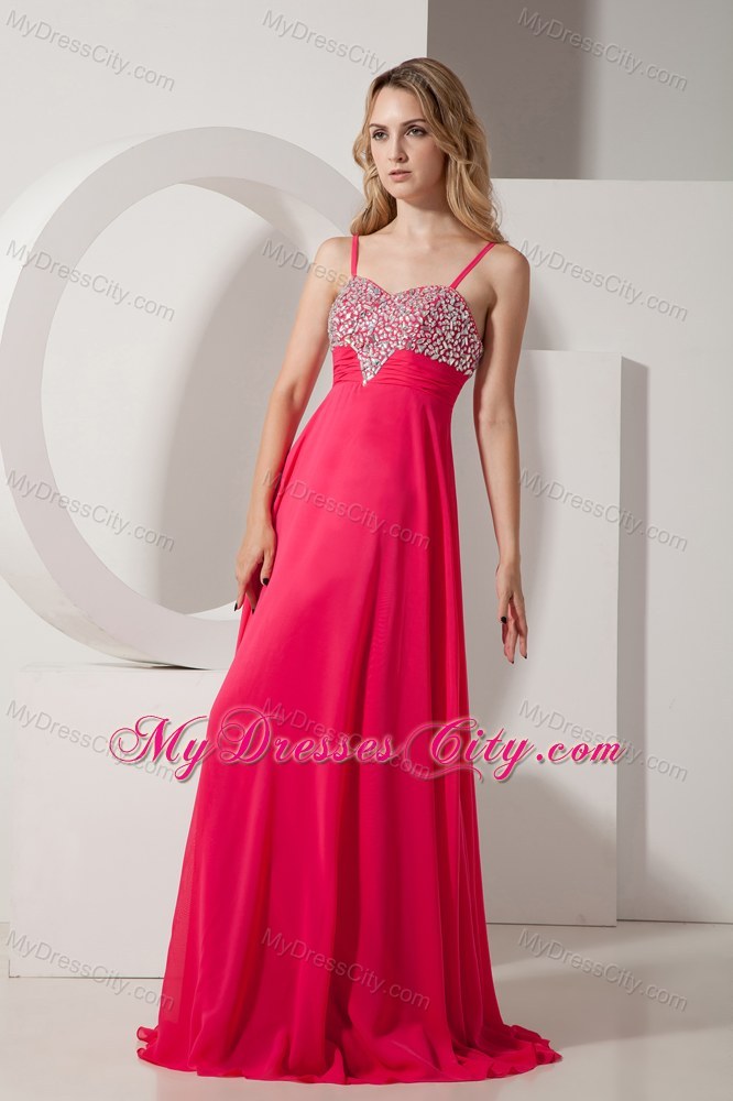 Beaded Spaghetti Straps Coral Red Prom Party Dress for Lady