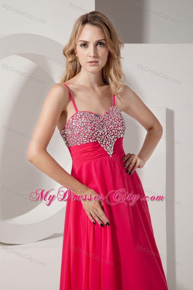 Beaded Spaghetti Straps Coral Red Prom Party Dress for Lady