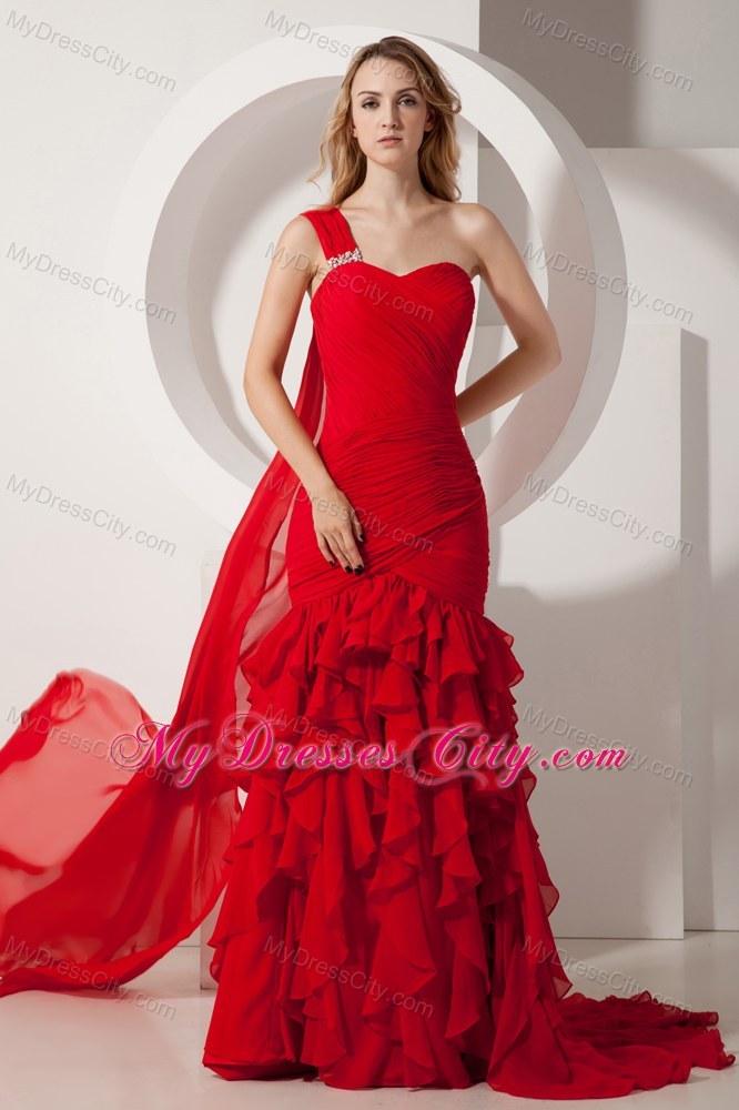 Red Mermaid Ruffles Pageant Dress One Shoulder with Train