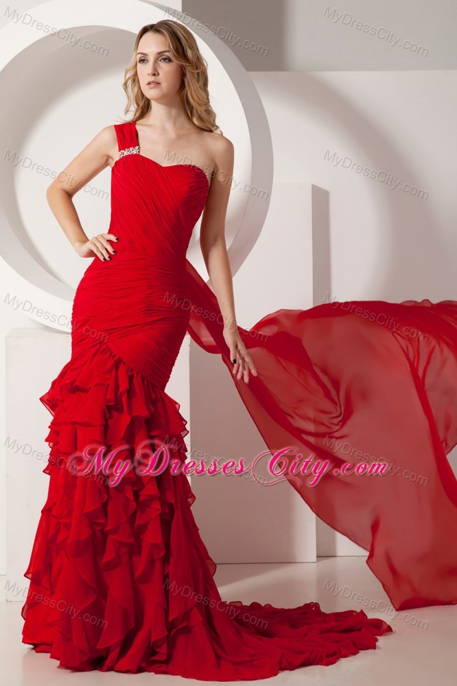 Red Mermaid Ruffles Pageant Dress One Shoulder with Train