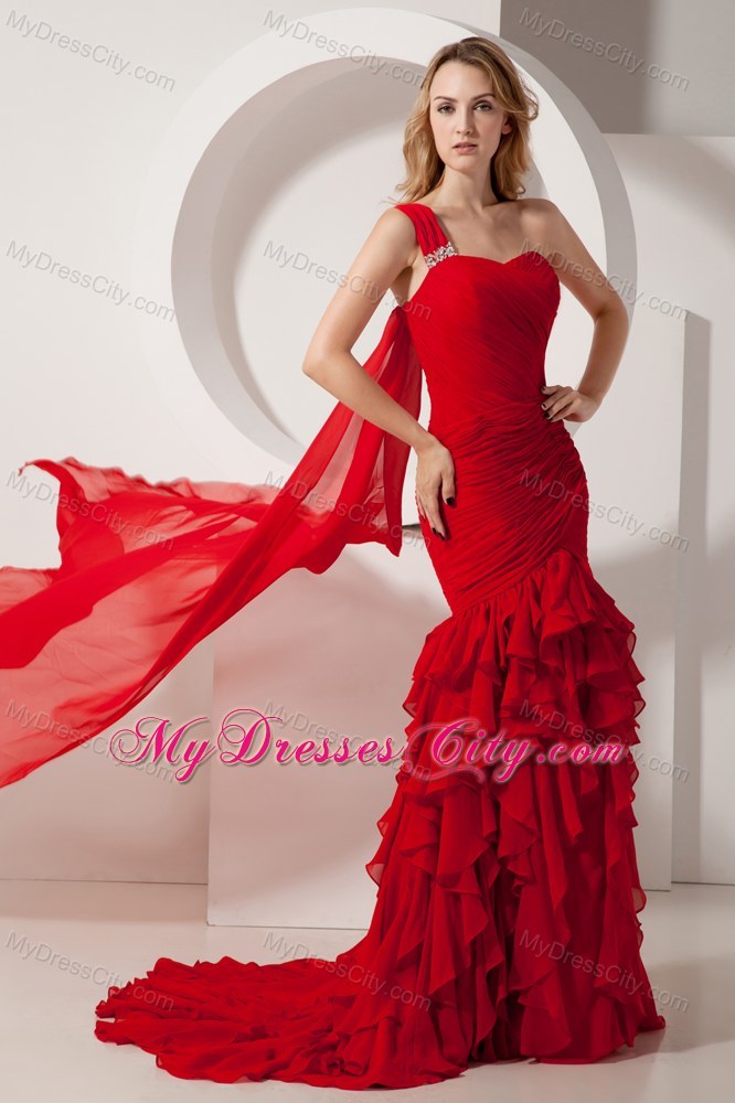 Red Mermaid Ruffles Pageant Dress One Shoulder with Train