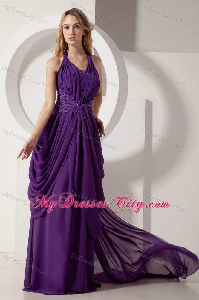 Purple Chiffon Halter Beaded Pageant Gown Chiffon with Train