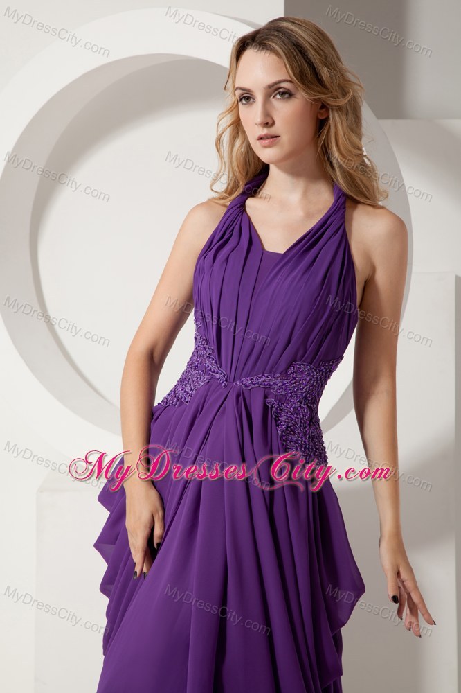 Purple Chiffon Halter Beaded Pageant Gown Chiffon with Train