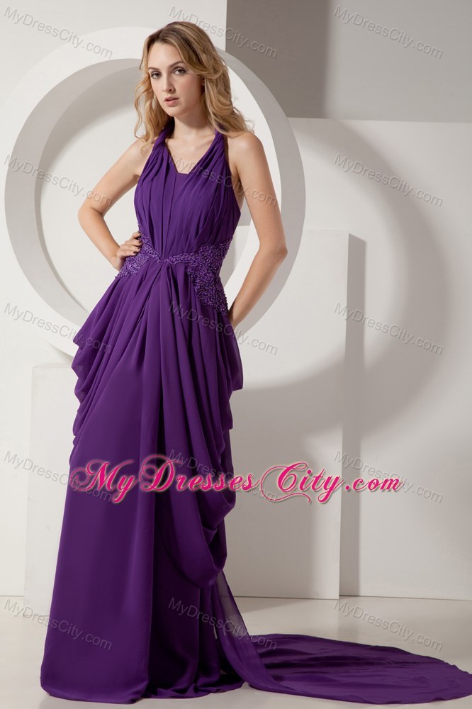 Purple Chiffon Halter Beaded Pageant Gown Chiffon with Train