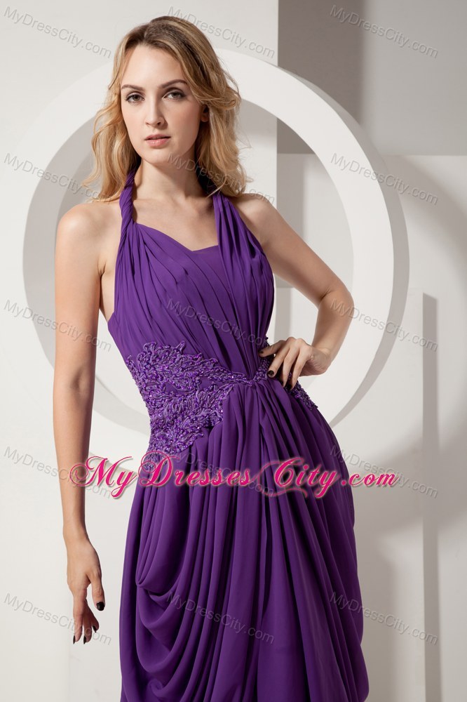 Purple Chiffon Halter Beaded Pageant Gown Chiffon with Train