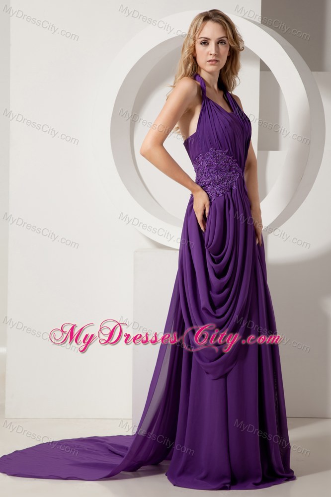 Purple Chiffon Halter Beaded Pageant Gown Chiffon with Train