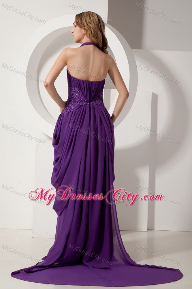 Purple Chiffon Halter Beaded Pageant Gown Chiffon with Train