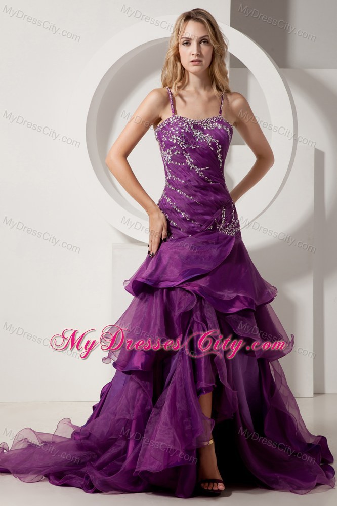 Beading and Ruffles Purple High-low Pageant Dress with Straps