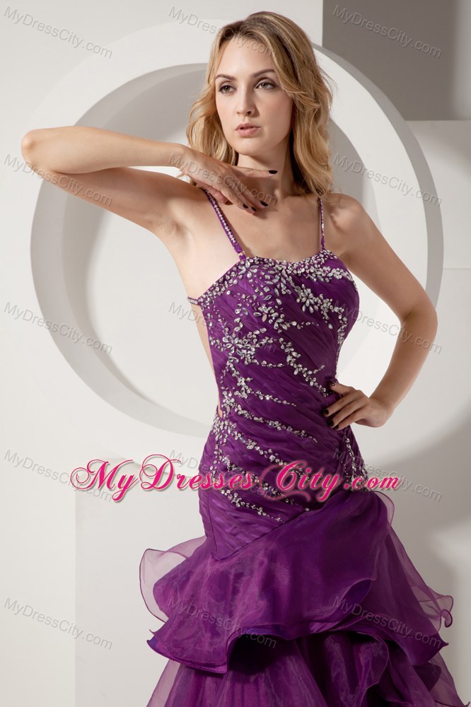 Beading and Ruffles Purple High-low Pageant Dress with Straps