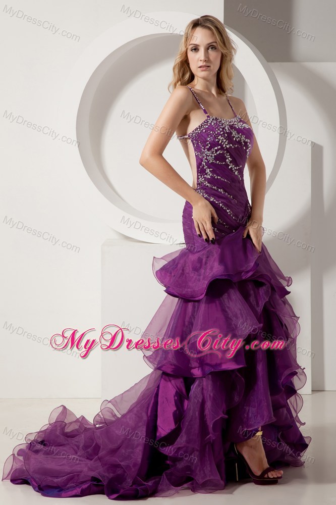 Beading and Ruffles Purple High-low Pageant Dress with Straps