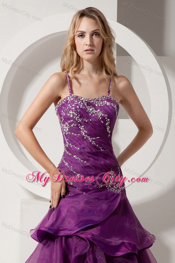 Beading and Ruffles Purple High-low Pageant Dress with Straps