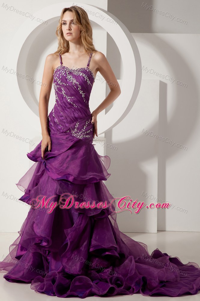 Beading and Ruffles Purple High-low Pageant Dress with Straps