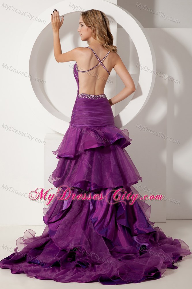 Beading and Ruffles Purple High-low Pageant Dress with Straps