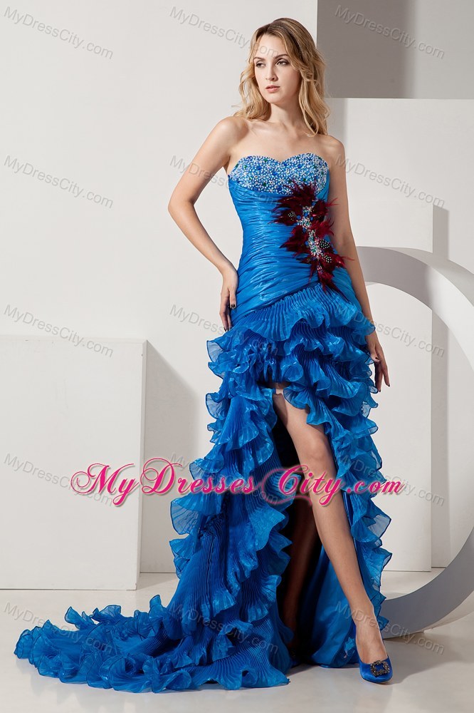 Blue Sweetheart Beading and Feathers Prom Dress with Ruffles