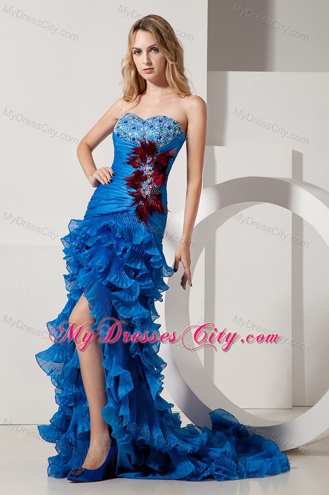 Blue Sweetheart Beading and Feathers Prom Dress with Ruffles