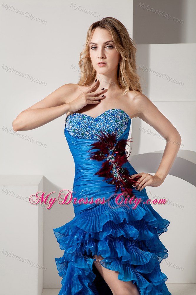 Blue Sweetheart Beading and Feathers Prom Dress with Ruffles