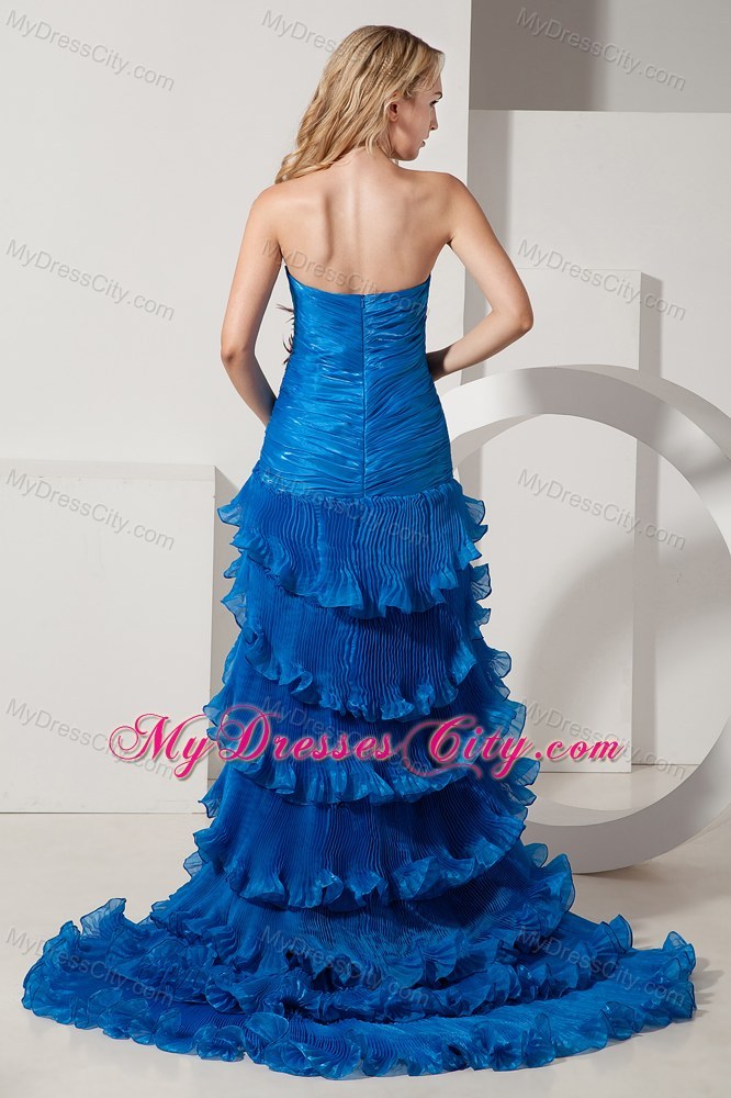 Blue Sweetheart Beading and Feathers Prom Dress with Ruffles