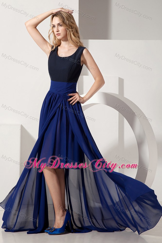 Navy Blue High-low Chiffon Prom Pageant Dress with Scoop