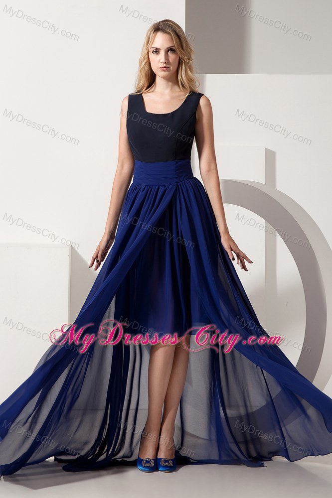 Navy Blue High-low Chiffon Prom Pageant Dress with Scoop