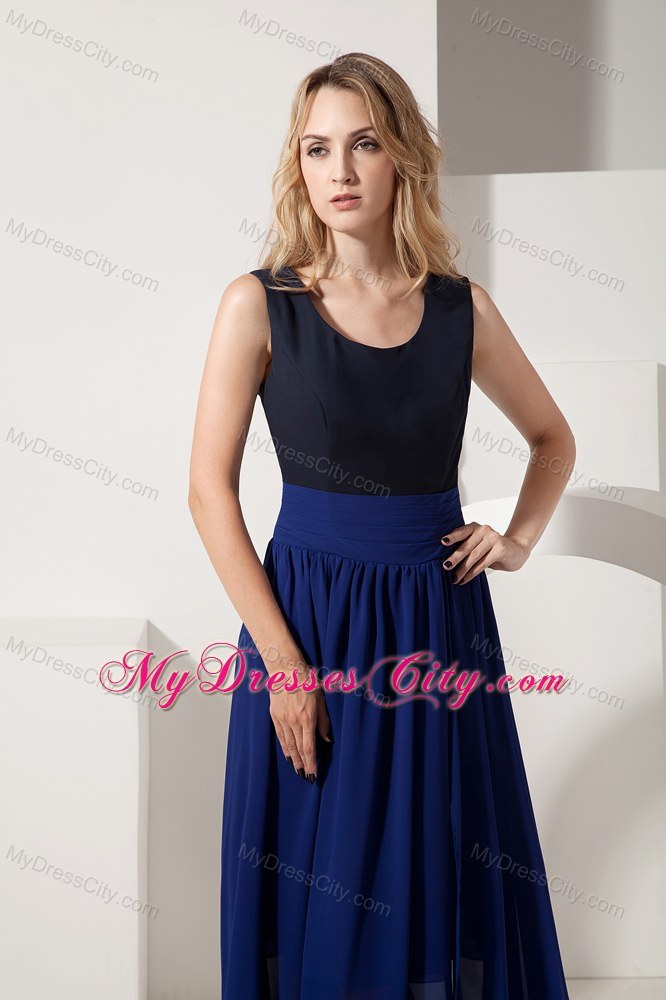 Navy Blue High-low Chiffon Prom Pageant Dress with Scoop