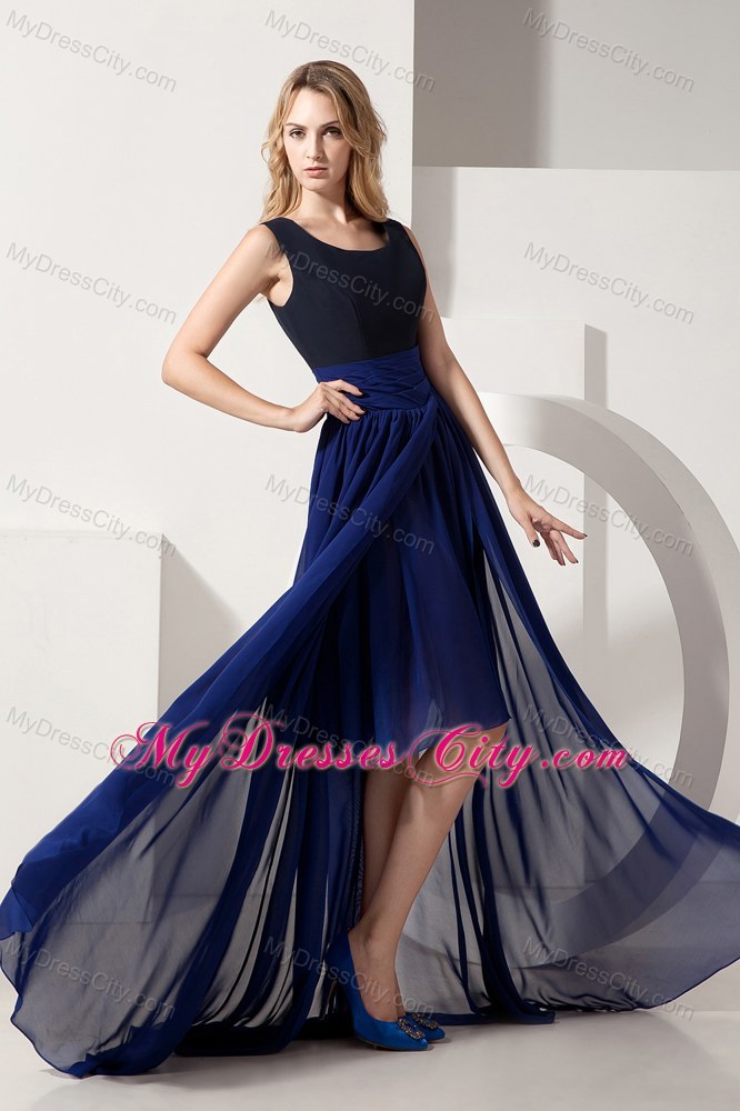 Navy Blue High-low Chiffon Prom Pageant Dress with Scoop