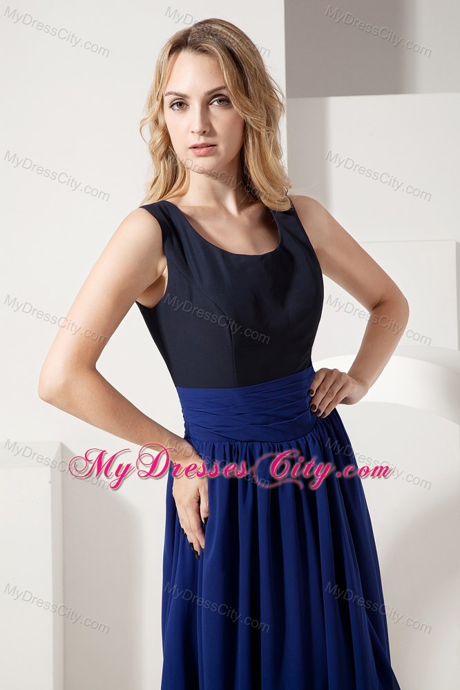 Navy Blue High-low Chiffon Prom Pageant Dress with Scoop