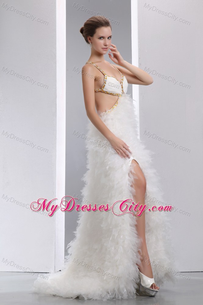 White Sexy Beaded Spaghetti Straps Pageant Dress with Cutout