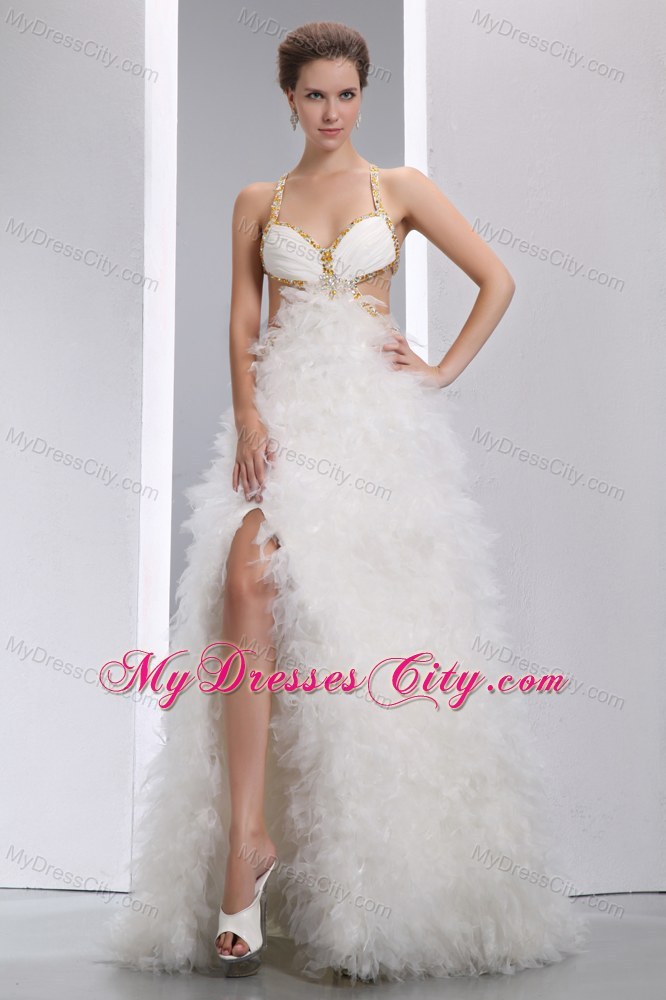 White Sexy Beaded Spaghetti Straps Pageant Dress with Cutout