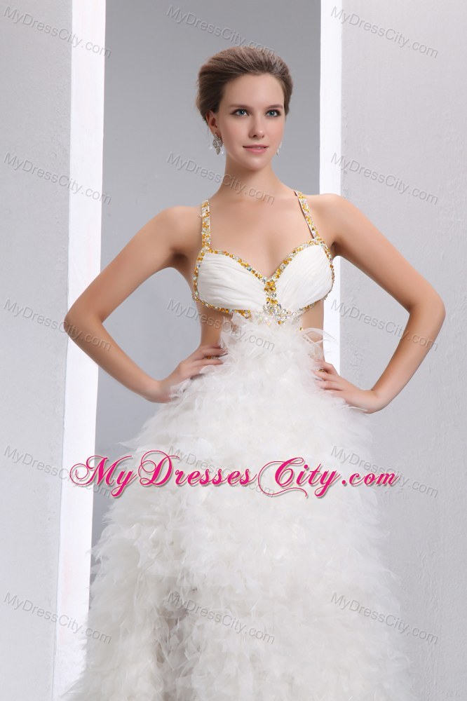 White Sexy Beaded Spaghetti Straps Pageant Dress with Cutout