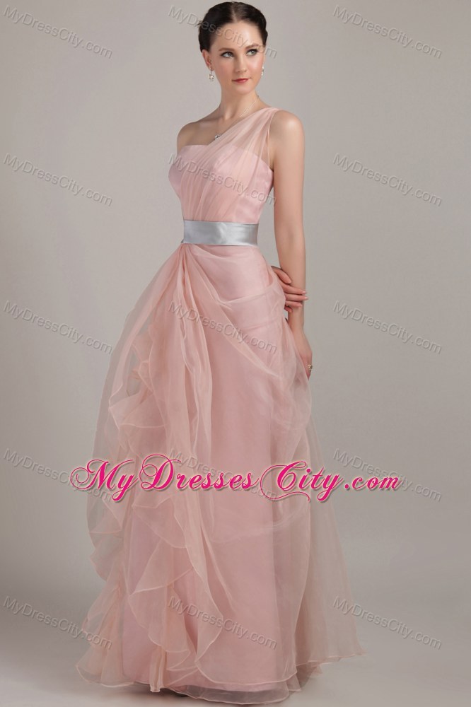 Ruffled Pink Organza Prom Dress with Single Shoulder for Cheap