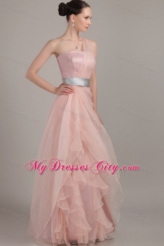 Ruffled Pink Organza Prom Dress with Single Shoulder for Cheap