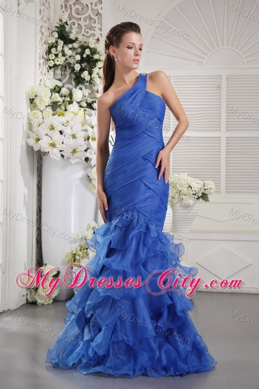 Blue Ruffled Mermaid Pageant Dress with Single Shoulder on Sale