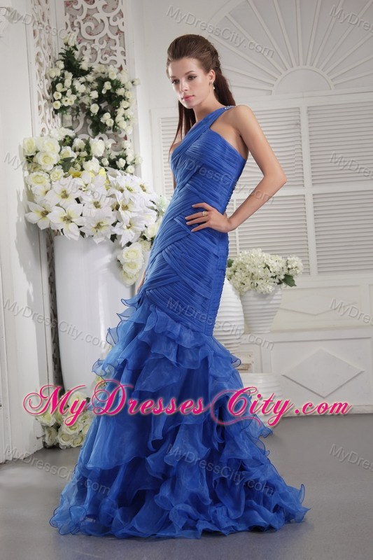 Blue Ruffled Mermaid Pageant Dress with Single Shoulder on Sale