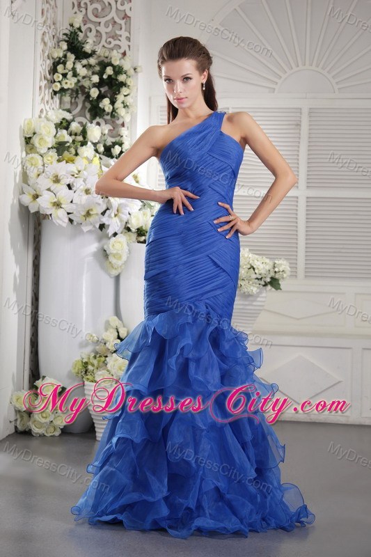 Blue Ruffled Mermaid Pageant Dress with Single Shoulder on Sale