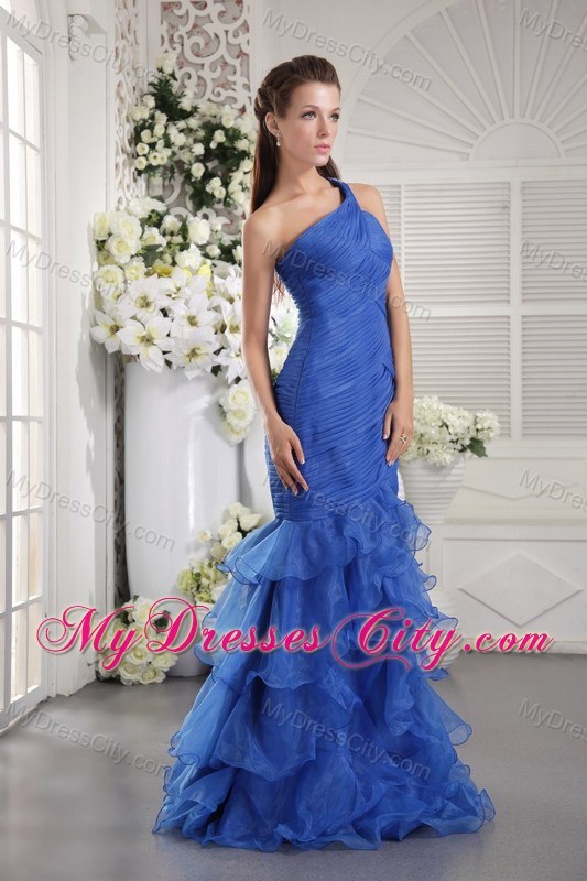 Blue Ruffled Mermaid Pageant Dress with Single Shoulder on Sale