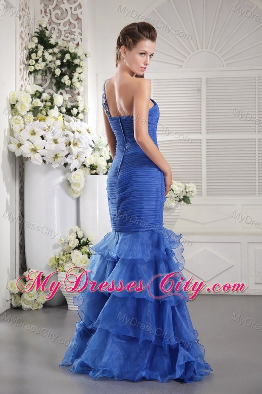 Blue Ruffled Mermaid Pageant Dress with Single Shoulder on Sale