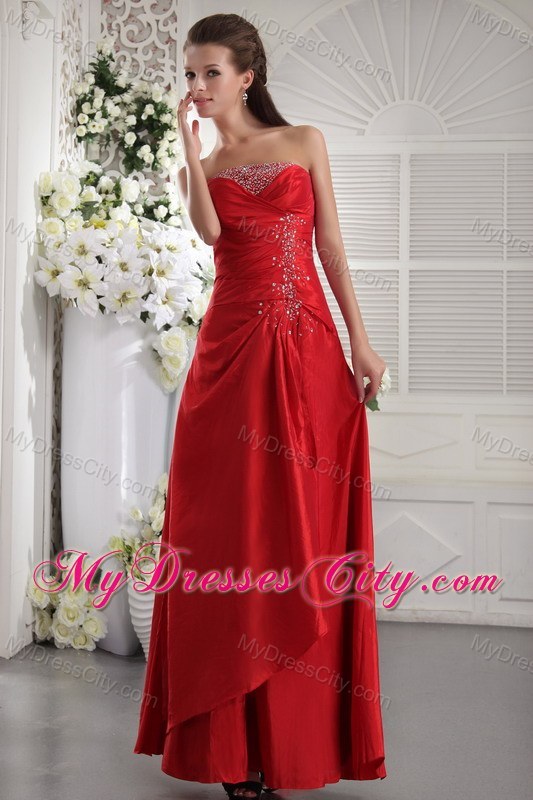 Lovely Strapless Red Slinky Beaded Pageant Dress Ankle-length