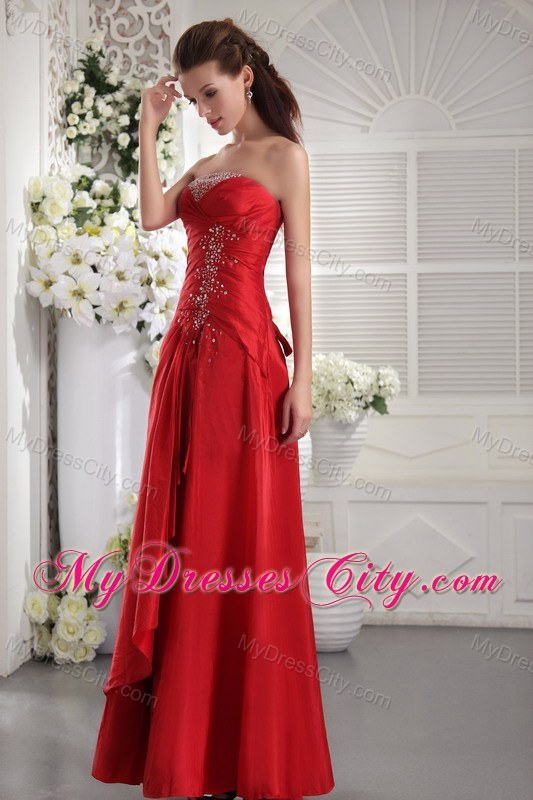 Lovely Strapless Red Slinky Beaded Pageant Dress Ankle-length