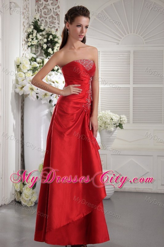 Lovely Strapless Red Slinky Beaded Pageant Dress Ankle-length