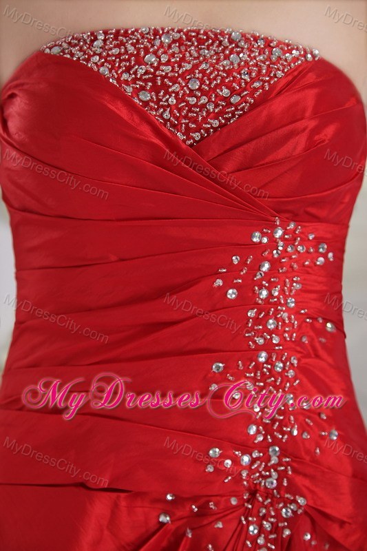 Lovely Strapless Red Slinky Beaded Pageant Dress Ankle-length