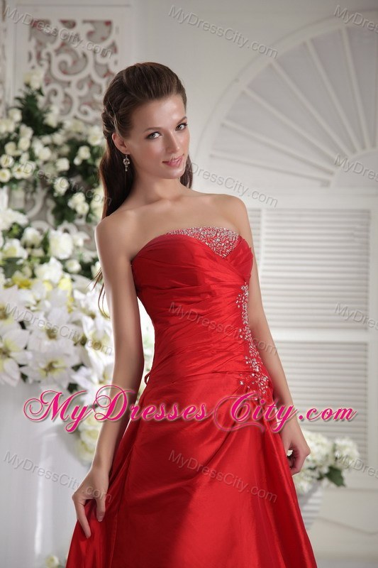 Lovely Strapless Red Slinky Beaded Pageant Dress Ankle-length