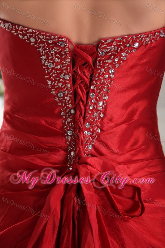 Lovely Strapless Red Slinky Beaded Pageant Dress Ankle-length