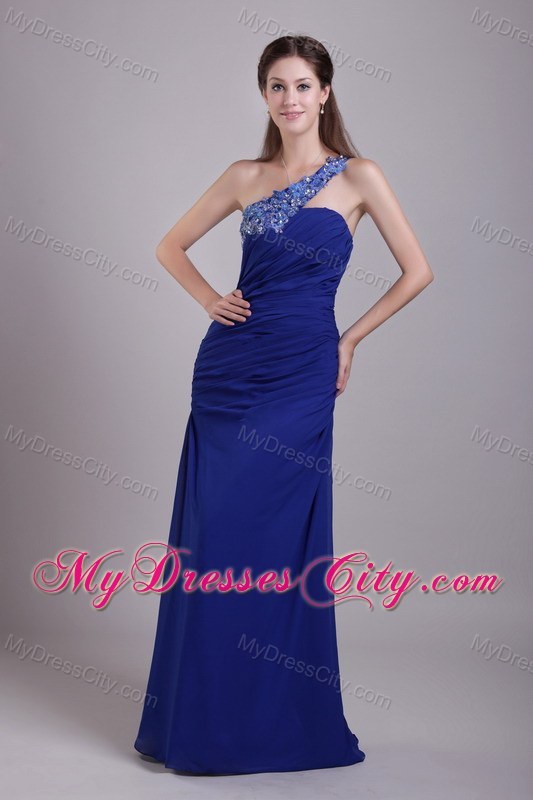 Latest Blue One Shoulder Appliques Pageant Dress with Beadings